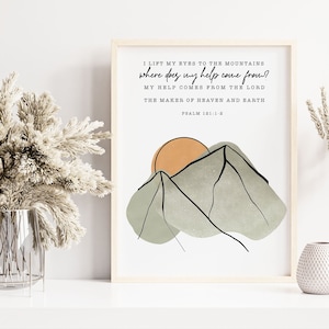 My help comes from the Lord - Psalm 121 Digital Art Poster - Line art Mountains landscape with sunrise