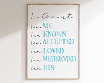 Biblical positive affirmations Identity in Christ  - Digital Turquoise Watercolor Poster
