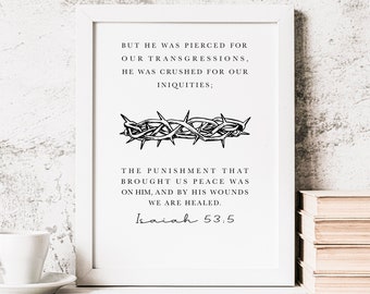 Religious Easter Bible Verse Printable Wall Art, Isaiah 53:5, Crown of thorns, Easter Scripture Quote Decoration, Christian Faith Poster