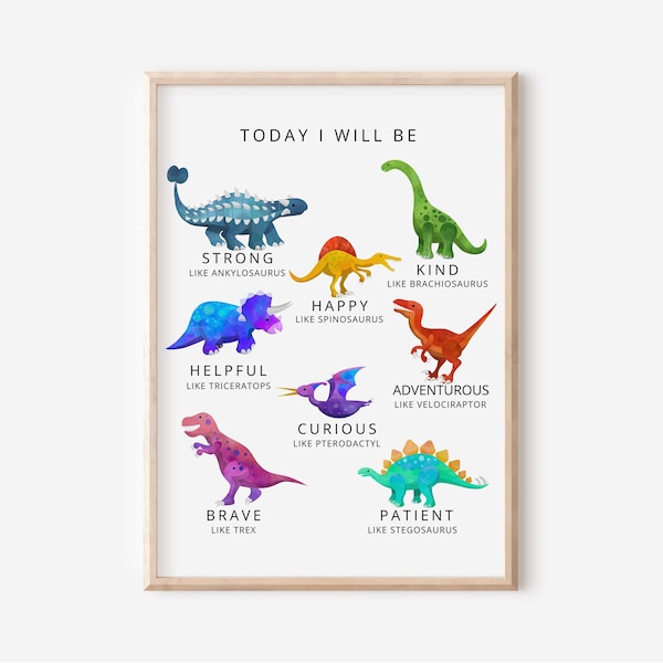 Poster affirmations positives pour enfants, art mural affirmations pour enfants, affiche de chambre de bébé dinosaures, impression de salle de bain pour enfants, affiche Montessori