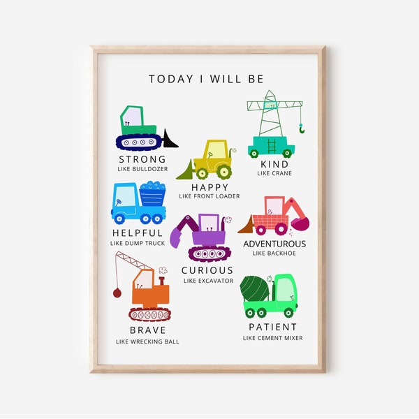 Affirmations Poster for Children Construction trucks Nursery Poster, Kids Bathroom Print, Montessori Poster