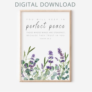 Isaiah 26:3 Printable Bible Verse Wall Art - Christian Scripture Faith Poster - Watercolor Botanical Lavender and Eucalyptus Flowers