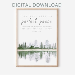 Bible Verse Printable Wall Art Isaiah 26:3, Scripture Christian Faith Poster, Watercolor Green landscape,  Trees Water reflection scenery