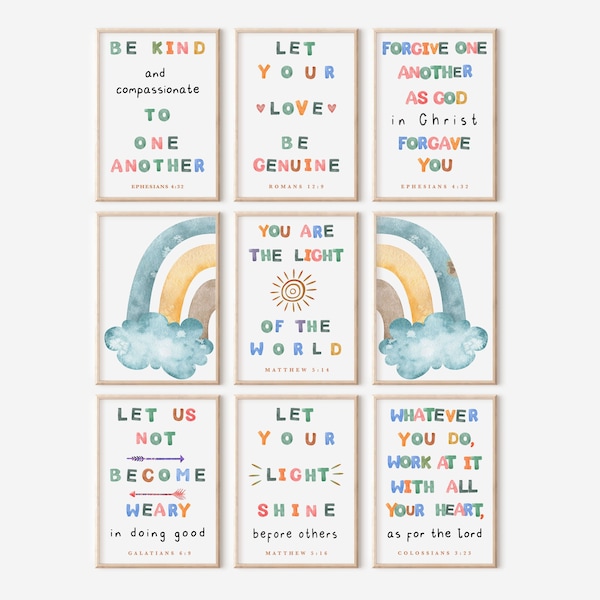 Set of 9 Printable Posters for kids, Bible Verse Wall Art , Watercolor Church Sunday School Decor