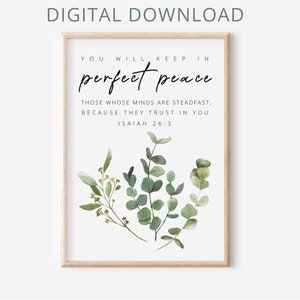Bible Verse Printable Wall Art Isaiah 26:3, Scripture Christian Faith Poster, Watercolor Eucalyptus branches, Plants Greenery Botanical art