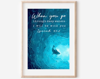Bibel Vers druckbare Aquarell Wand Kunst Jesaja 43 2 Wenn du durch die Wasser passieren, werde ich mit Ihnen druckbare Schrift Christian sein
