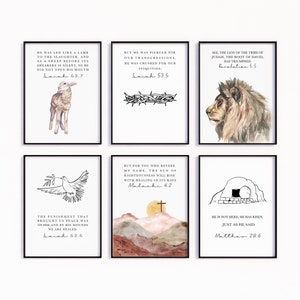 Set of 6 Printable Posters, Religious Easter Story Decoration, Bible Verse Wall Art,  Lion and Lamb , Watercolor Church Sunday School Decor