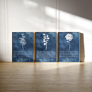Set of 3 Christian Navy Blue Printable Wall Art posters, Religious Easter, Modern Bible Verse Print abstract decor, Floral Botanical Artwork