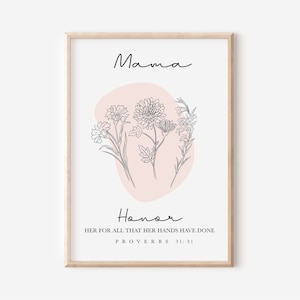 Gepersonaliseerde Geboortemaand Bloemen Moederdag Cadeau - Spreuken 31 Vrouw Poster - Abstracte Boho line Art - Christian Printable Wall Art