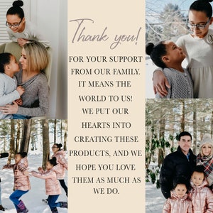 K&ouml;nnte beinhalten: Eine Collage von Familienfotos mit dem Text "Thank you!" und einer Dankesbotschaft. Die Fotos zeigen eine Familie in verschiedenen Umgebungen, darunter ein verschneiter Wald und Innenr&auml;ume. Der Text dr&uuml;ckt Dankbarkeit aus.