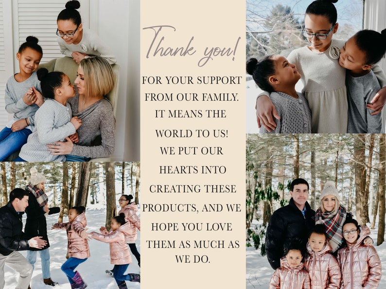 K&ouml;nnte beinhalten: Eine Collage von Familienfotos mit dem Text "Thank you!" und einer Dankesbotschaft. Die Fotos zeigen eine Familie in verschiedenen Umgebungen, darunter ein verschneiter Wald und Innenr&auml;ume. Der Text dr&uuml;ckt Dankbarkeit aus.