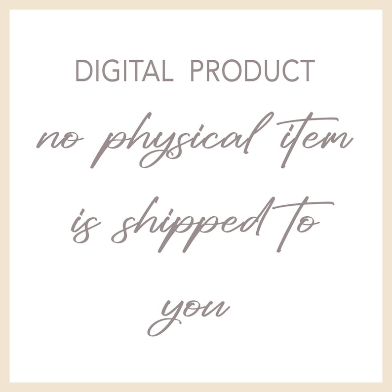 K&ouml;nnte beinhalten: Ank&uuml;ndigung eines digitalen Produkts auf cremefarbenem Hintergrund. Der Text lautet "DIGITAL PRODUCT" in einer serifenlosen Schriftart, gefolgt von "no physical item is shipped to you" in einer Schreibschrift.