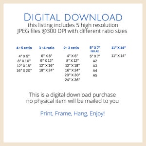 K&ouml;nnte beinhalten: Ein digitales Download-Angebot mit verschiedenen Druckgr&ouml;&szlig;en, darunter 4x5, 3x4 und 2x3 Verh&auml;ltnisse sowie 5x7 und 11x14 Zoll. Das Bild enth&auml;lt den Text "DIGITALER DOWNLOAD" und "Print, Frame, Hang, Enjoy!"