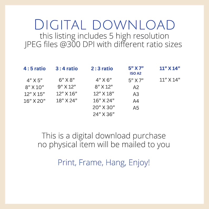 K&ouml;nnte beinhalten: Ein digitales Download-Angebot mit verschiedenen Druckgr&ouml;&szlig;en, darunter 4x5, 3x4 und 2x3 Verh&auml;ltnisse sowie 5x7 und 11x14 Zoll. Das Bild enth&auml;lt den Text "DIGITALER DOWNLOAD" und "Print, Frame, Hang, Enjoy!"