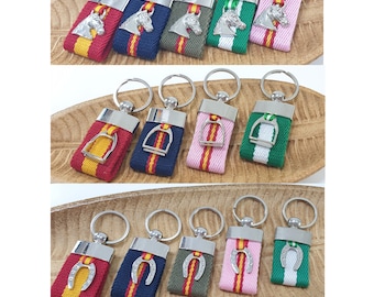 Canvas keychain with Spanish flag, navy blue, hunter green, and pink / Andalusian flag with horse head pendant / stirrup / horseshoe