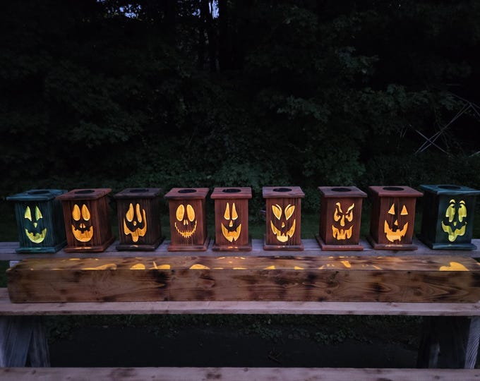 Custom Halloween Hand Made Rustic Pumpkin Face Solar Lanterns and Post Top.