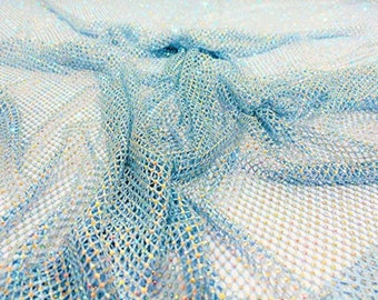 Four Way Stretch Sheer Blue Mesh Fabric With AB Rhinestone Crystals, 45'' Wide