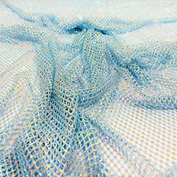 Four Way Stretch Sheer Blue Mesh Fabric With AB Rhinestone Crystals, 45'' Wide