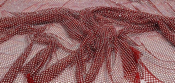 Four Way Stretch Sheer Burgundy Mesh Fabric With AB Rhinestone