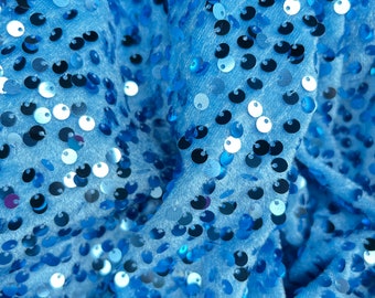 Light Blue Sequin on Stretch Blue Velvet Fabric, 5mm Shining Sequins, 2-way Stretch, 54" Wide, Costume, Dance Wear, Decoration, Backdrop
