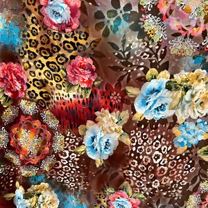 May include: A brown fabric with a floral and leopard print pattern. The flowers are in shades of pink, red, blue, and yellow. The leopard print is in shades of brown and black.