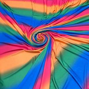 Multicolor Two Way Stretch Polyester knit Jersey Venezia Stripe Rainbow Print, 60&#39;&#39; Wide