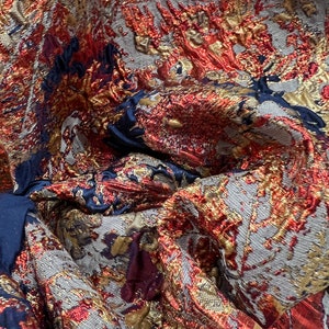 Multicolor Metallic Embroidered Jacquard Brocade Fabric by the Yard, 58&#39;&#39; Wide