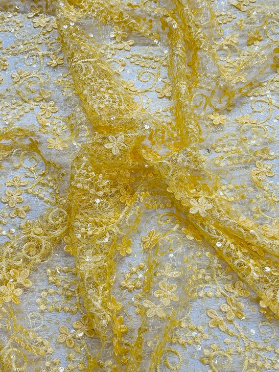 Yellow Floral Crochet Sequin Lace Fabric by the Yard 52 Etsy