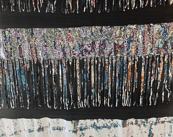 New Luxury Fringe Shiny Silver Sequin Tassels Embroidered on Two-Way Stretch Black Mesh Fabric by The Yard, 60” Wide