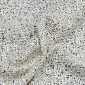 Elfenbensvit chenille-tweed bouclé-kostymtyg med guldpaljetter, metervara, 142 cm brett, vävt tyg
