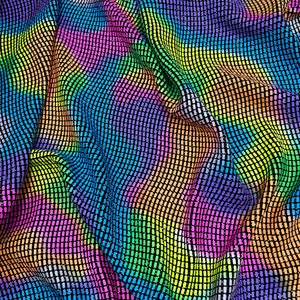May include: A black fabric with a rainbow iridescent pattern. The fabric is made of a grid of small squares.