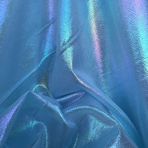 Lightweight Metallic Knit One Way Stretch Light Blue Rainbow Foil Fabric by The Yard, 60” Wide, Backdrop, Decoration