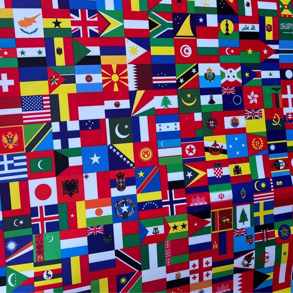 Multicolor Flags of the World Print on Four Way Stretch Nylon Spandex Fabric By The Yard, 60'' Wide