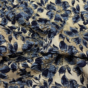 Metallic Blue & Gold Floral Embroidered Brocade Jacquard Fabric by the Yard, 58&#39;&#39; Wide