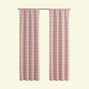 May include: A pair of pink and white gingham curtains with a rod pocket top.