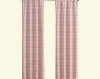 May include: A pair of pink and white gingham curtains with a rod pocket top.
