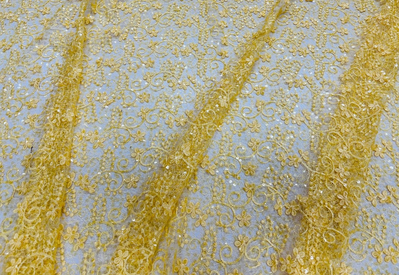 Yellow Floral Crochet Sequin Lace Fabric by the Yard 52 Etsy