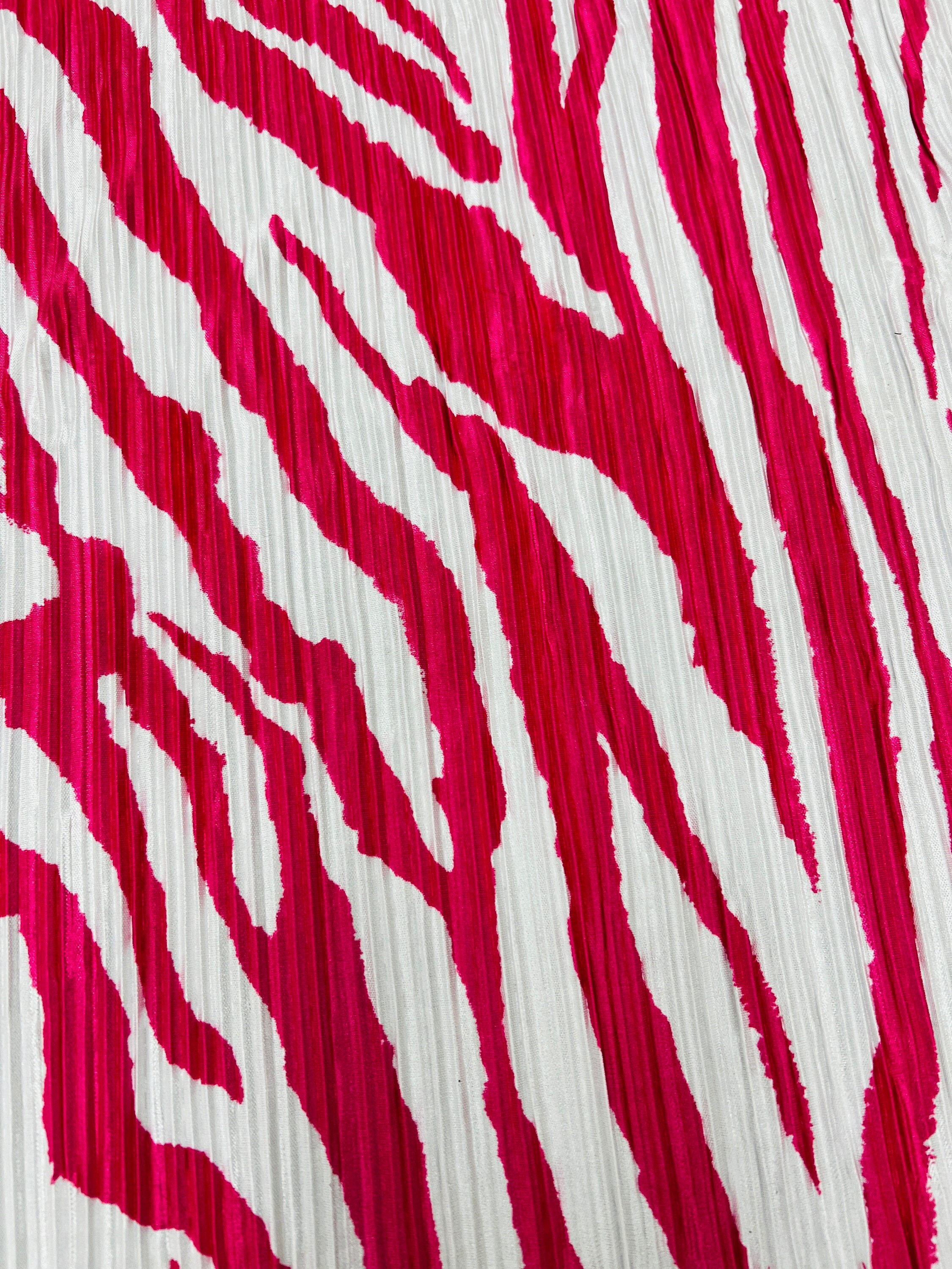 Hot Pink Zebra Print on Stretch Lightweight White Pleated Satin Fabric ...