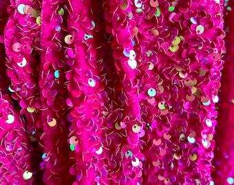 Fuchsia Sequins on Two Way Stretch Fuchsia Velvet Fabric, 5mm Shiny Sequins, 54" Wide, Costume, Dance Wear, Decoration, Backdrop