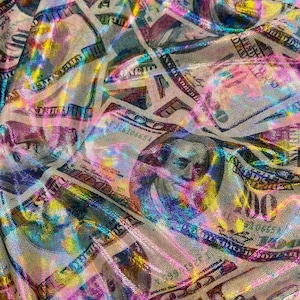 Iridescent Pink Money Print on Four Way Stretch Spandex Fabric By The Yard, 60&#39;&#39; Wide, Benjamins, Hundred Dollars