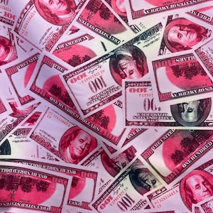 Pink Money Print on Four Way Stretch Spandex Fabric By The Yard, 60&#39;&#39; Wide, Benjamins, Hundred Dollars