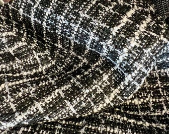 Tela de chenilla de tweed con cuadros metalizados elásticos en blanco y negro, cortada a medida, de 58'' de ancho, tejido de punto