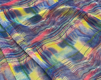 Estampado multicolor sobre tela de malla elástica de spandex cortada a medida, 60 pulgadas de ancho.