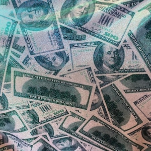 Iridescent Green Money Print on Four Way Stretch Spandex Fabric By The Yard, 60&#39;&#39; Wide, Benjamins, Hundred Dollars