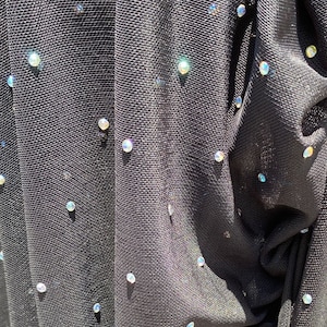 Four Way Stretch Sheer Light Weight Black Power Mesh Fabric With AB Rhinestone Crystals, 60&#39;&#39; Wide
