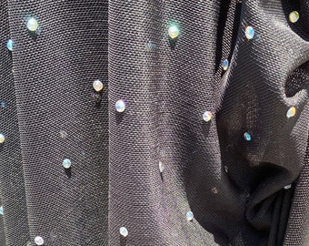 Tejido de malla elástica en cuatro direcciones, ligero y negro, con cristales de diamantes de imitación AB, 60 pulgadas de ancho.