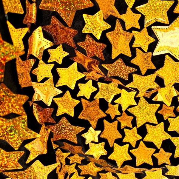 Iridescent sequin Stars On Black Stretch Velvet Fabric Sold By The Yard. Gold main image 0