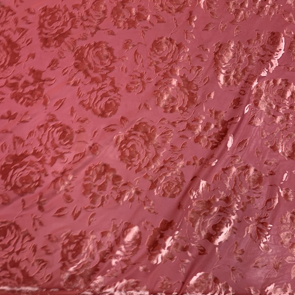 Dusty Rose 60" Wide Floral Stretch Velvet Burnout Fabric By The Yard, Costume, Dance Wear, Decoration