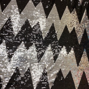 Silver and Black Chevron Pattern Large Sequins on stretch Mesh Fabric by the Yard, 58&quot; Wide