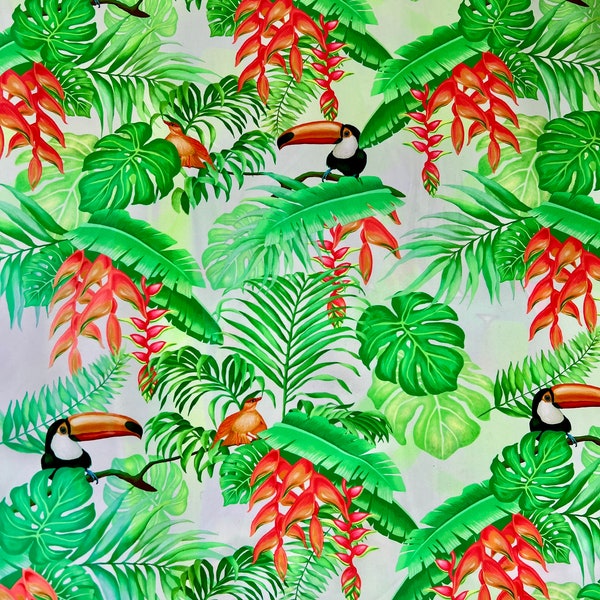 Multicolor Tropical Leaves & Birds Print on Four Way Stretch Nylon Spandex Fabric By The Yard, 60'' Wide